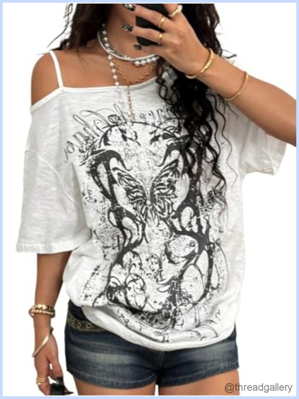 Women's Off the Shoulder Grunge T-Shirt Drop Shoulder Loose Fit Y2K Top